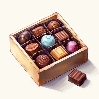 one chocolate box clipart on a white background, in the style of watercolor illustrations, tilt-shift lenses, detailed sketching, vibrant color choices, elaborate borders, isometric, assemblage pieces, no watermark, text, 300 DPI , typography, shapes do not stick together, no text in the picture, on a white background