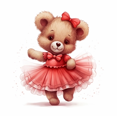 Adorable cute fantasy Teddy bear dressed like a Romantic ballerina, wearing red tutu, nursery art, clipart image, lineart image, white background , very detailed, 8k