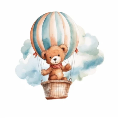 cute Teddy Bear in a hot air balloon in the clouds, clipart, watercolor, white background