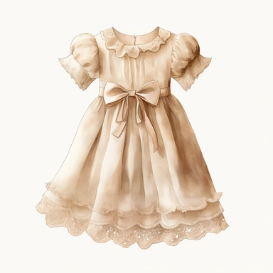 Clipart, vintage, baptism kid dress, hand painted, linen, with laces, beige, romantic, delicate