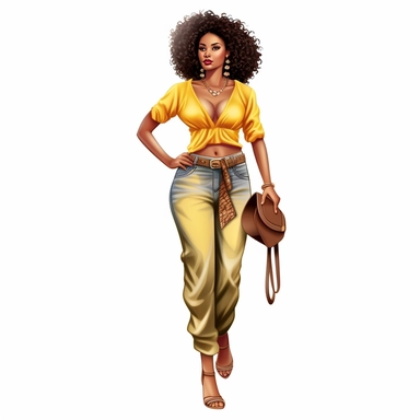 realistic illustration of Fashion-forward African American woman: Illustrate a clipart of a stylish African American woman wearing fashionable clothing and accessories. Showcase her confidence and individuality through her outfit and pose. clipart, isolated on white background, 4K