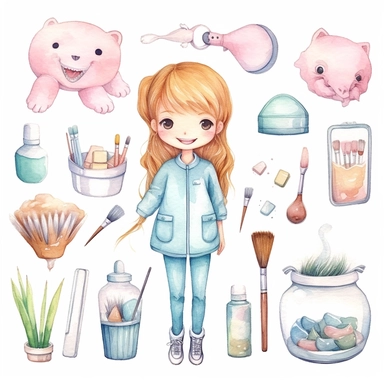 Cute kawaii women dentist, tools, watercolor white background clipart set single elements with margin