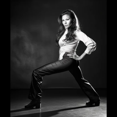 a black & white nior glamour photo a glamour photo of Tina Bravo stands about 5'7 tall with an athletic build, a testament to her physical training and readiness for action. She has deep chestnut-brown hair, which falls in loose waves to her shoulders, often swept up in a stylish yet practical ponytail while on the job. Her eyes are a captivating shade of hazel, framed by thick dark lashes, which seem to have a lively spark in them, reflecting her indomitable spirit and determination. Her comple