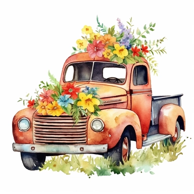 Watercolor Flower Truck Clipart Floral Truck Vintage Truck Clipart Junk Journal Farmhouse Clipart Floral Truck watercolor floral in bonnet or back with base grass rusty good color vehivles and colorful florals