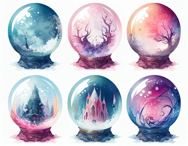 6 magical pastel crystal ball, clipart, pixel art, deep colours, white background, watercolour illustration style, dreamy, clear border around, 8k, intricate detailed , 8k, png