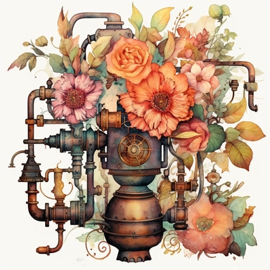 Transport your audience to a mesmerizing realm where steampunk aesthetics meet the fluid beauty of watercolor with this captivating collection of floral arrangements clipart. Harness the expressive power of watercolor as the artistic medium, allowing its translucent layers and delicate brushstrokes to bring life to the steampunk-inspired compositions. Infuse the artwork with the distinctive elements of steampunk culture, referencing the works of authors like H.G. Wells and incorporating imagery 