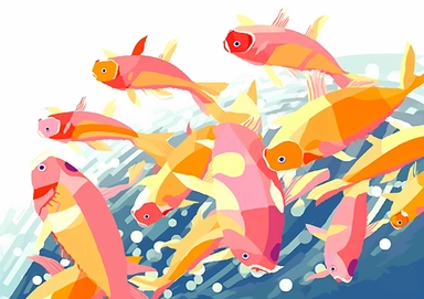 fishes clipart image baffido com, in the style of distorted perspectives, exaggerated forms, light yellow and light magenta, birds-eye-view, hanging scroll, close up, rectangular fields, blink-and-you-miss-it detail