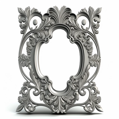 A single vintage silver frame clipart with a glossy, reflective finish and a rounded rectangular shape. The intricate details of the frame are highlighted by the shine of the silver, creating a modern and sleek look. The background is a soft gray with a subtle texture, adding depth and dimension to the design. [1], [2], [3], [4], photography, Close-up macro photography with a wide-angle lens, creating a shallow depth of field and emphasizing the intricate details of the frame. Shot on a Canon EO