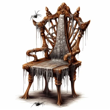 a fantasy clipart of an old wooden halloween chair, include spider webs, white backgroudn no paint drips, high detail