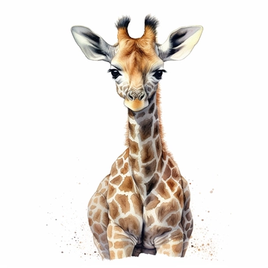 Watercolour cute baby giraffe sitting, beautiful details, ultra detailed, ultraphoto real intricate detailed, high definition, graphic clipart, hyper realistic,detailed, white background