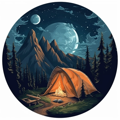 tent in the mountains, night time, moon, nature, clip art, illustration, clipart, camp fire, in a circle
