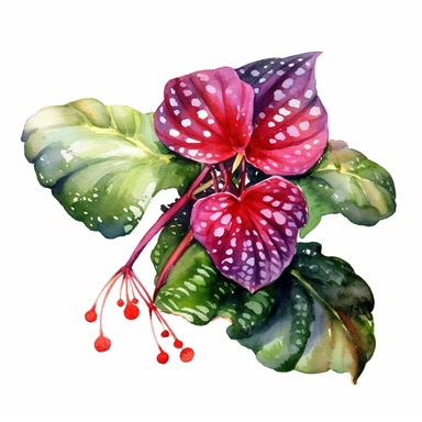 Clipart, Watercolor, Polka Dot Begonia's Illustration , Plantae, Tracheophytes Raddi, a tropical plant native to Southeast Brazil. It has green oblong leaves in shaped of angel wing, in a vibrant olive green color, deep red purple undersides of leaves and polka dot finishes on top. It has silver spots on its surface and a crimson reddish underside