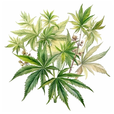 Clipart, vintage, watercolor, Cannabis sp, multifogliate, botanical illustration, hand drawn, texture