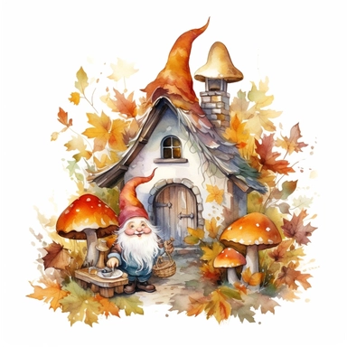 Watercolor, Gnomes Cutie, Cottage Garden Shed autumn Flower, clipart, on a white background.