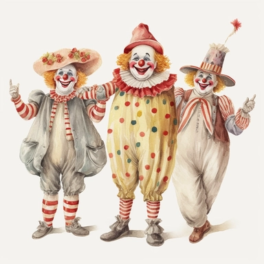 3 hand drawn vintage circus clowns acting silly , glamorous, soft, detailed and realistic, watercolor, clipart style, white background with margins