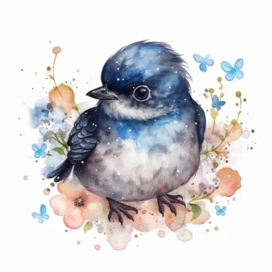 watercolor funny create kawaii marbled black ,silver, blue, chibi robin with forgetmenot flowers with babysbreath clipart, isolated on white background,space out--ar3:2--s1000