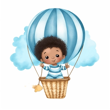 a little black baby boy in a hot air balloon, newborn infant boy smiling, afro, light blue, baby blue colors, watercolor clipart illustration
