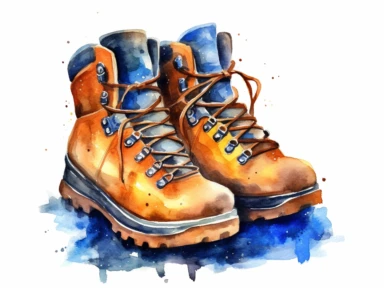 Watercolor clip art on white background, hiking boot, Clipart, high-resolution image with vibrant and true-to-life colors, isolated