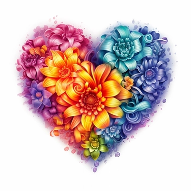 Cute Beautiful Rainbow Heart Flowers Pride LGBT Sublimation Clipart,Cartoon, hyper realistic, intricate detail, illustration style,high solution,on the white background