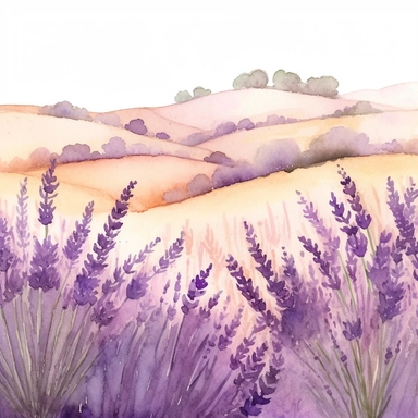 Clipart, watercolor, lavender fields, botanical illustration, hand drawn, texture