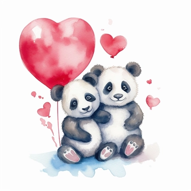 Clipart, watercolor, white background: Two baby pandas sitting side by side, holding a heart-shaped balloons, symbolizing love and friendship.