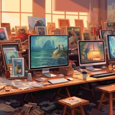 a banner of an artistic Digital workshop with many graphic art computers, clipart style