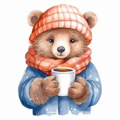 A Cute winter Watercolor Clipart , hand drawn ,a female bear holding a cup of hot coco while wearing a winter costume looking knowingly out over the street from the window, cozy ,highly detailed,white background for removing background - - no text shadow font watermark