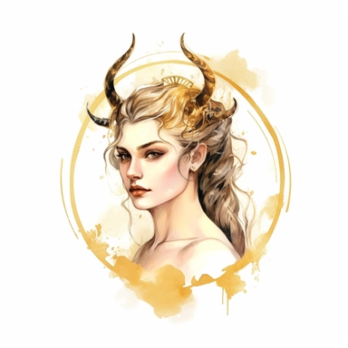 capricorn zodiac sign, goddess women, realistic watercolor style art, clipart, zodiac sign, epic, mystic, white background, in golden frame, detailed, 8k