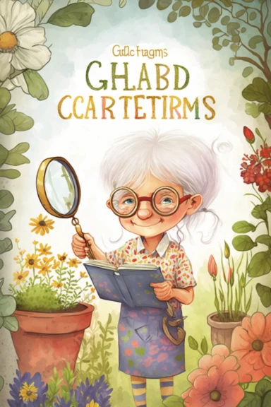 cover for kids book about gardening book, on the cover use plants, trees, flowers, garden tools, a old woman holds a magnifying glass in her hand, clipart and watercolor, high resolution, detailed, children style, fancy