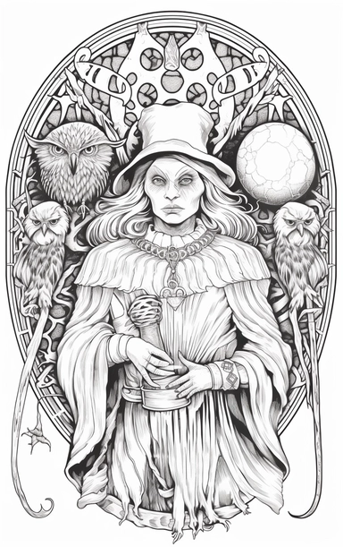 Coloring cartoon page for adult,witch clipart 6 witches, owl, in the style of reimagined by Dr. Seus, mystic mechanisms, illusory images, witchcore, lith printing ,clear and clean line art, white background