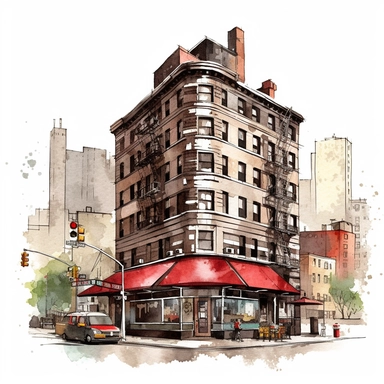 clipart de cafeteria de nueva york, acuarela, 16k, hiper minimalista, megapixel, full color, super detailed,insanely detailed and intricate, ultra detallado