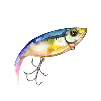Watercolor fishing lure clipart, white isolated background, space out, hd