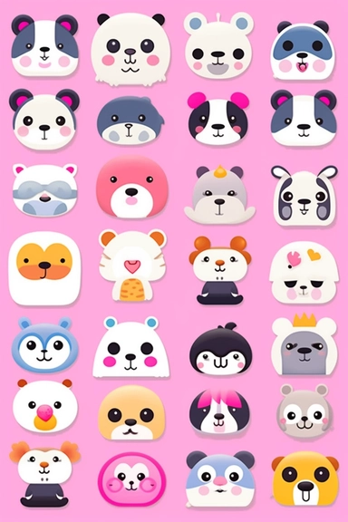 [pandas] vector clipart, vector cute collection, in the style of #screenshotsaturday, light [pink] pastel background, flat areas of color, flat color blocks, 1970–present, rough-edged 2d animation, lightbox, colorful animation stills, high quality clipart, front view