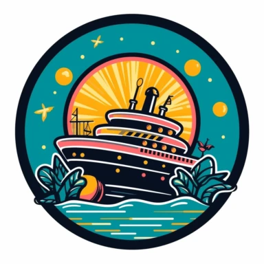a design of a fun cruise vacation, include cocktails, music, and dancing, enclosed in a circle, emblem, vector, clip art, simple, surreal, rgb, vibrant