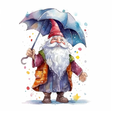 Cute Adorable magical little Wizard with a white beard holds laterally a huge umbrella in his hand wears a raincape and stand in the rain on a country road, correct umbrella, clipart, photorealistic illustration, watercolor, high detail, 8k polished, 8k, vibrant colors, white background
