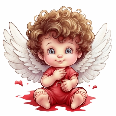 a happy cute little angel cupid a two year old, red heart in hands, style by Lusy Fleming, folk art, watercolor, clipart elements, smooth gradients, black contour outline, ultra detailed, white background, super clear, high quality