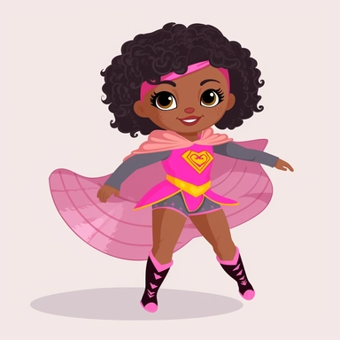 a happy little toddler black GIRL superhero, flying, in pastel colors, flowing cape, with bun hairstyle, smiling, flat style clipart, white background