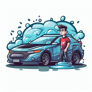 a guy working in car cleaning. Clean a Honda vehicle. Clipart style or cartoon. With bubbles
