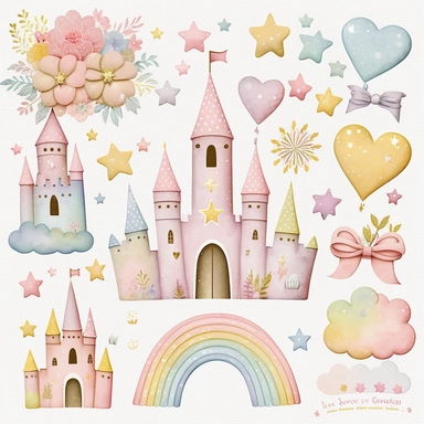 rainbow pastel princess castle, large rainbow, gold star, pink star, hearts, flowers, roses, plastercine, soft watercolour light, clipart svg white background
