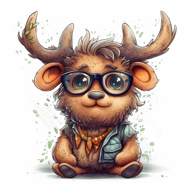kawaii adorable fantasy elk wearing cute glasses, nursery art, clipart image, line art image, white background, inspired by yoshitaka amano art, very detailed, 8k