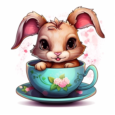 whimsical, cute, cartoon, clipart, bunny, teacup, sticker
