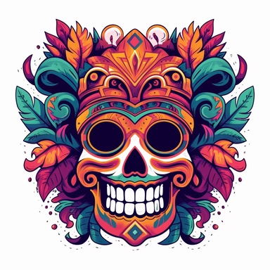 isolated flat clipart on a white background of a spooky day of dead themed voodoo mask tshirt design graphic, in the style of daniel f. gerhartz, transcendent, nikon d850, art of burma, captures the essence of nature, in the style of organic forms and patterns, expansive skies, hyper-detailed illustrations, i can't believe how beautiful this is, lively colors
