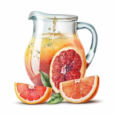 Watercolor one grapefruit juice in a pitcher Clipart, citrus grapefruit, vibrant color, high details, white background, no text