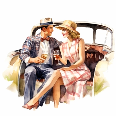 A couple dressed in elegant retro attire, sipping champagne and sharing a picnic on a checkerboard blanket in the backseat of a beautifully restored classic American convertible, extremely-detailed, high quality, clipart, watercolor, white background