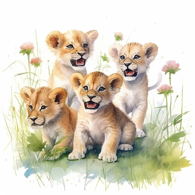 Clipart of baby Lions, a group of lion cubs playing in a field, watercolor painting, white background, featured on pixiv, computer art, madhey of flowers, watercolor, digital illustration, detailed painting, realistic