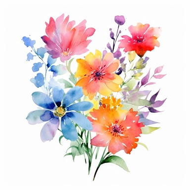 watercolor summer flower group for corner of invitation, clipart isolated on clear white background, bright colors, boho, lithograph, 32k uhd, textural