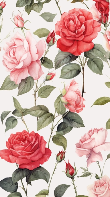 A mesmerizing clipart of Roses, rendered in a breathtaking watercolor style, presented on a white painting canvas with a 9:16 aspect ratio. The clipart showcases a vibrant collection of roses, ranging from deep crimson to soft pastel shades. Each rose is intricately detailed, with delicate petals and lush green leaves that exhibit the artist's skillful brushwork. The watercolor technique brings a sense of movement and fluidity to the artwork, with the colors blending harmoniously on the canvas. 