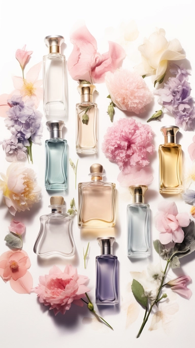 realistic watercolor illustration. clipart. different shape of pastel perfume bottles with variation randomly placed on a white soft background. flowers. roots. sophisticated. made entirely out of different types of flowers and perfume bottles standing tall against a white background. The image is designed as a poster. perfect for printing and sharing with friends and family. knolling
