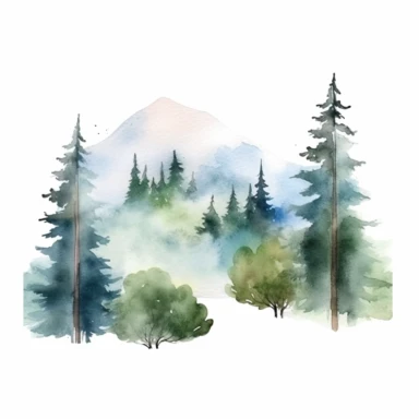 misty mountains in the distance, tall forest trees, watercolor clipart, bright colors, minimalist, isolated white background, 8k