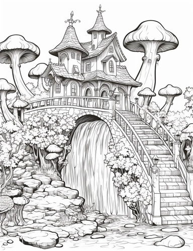 coloring book page, isolated images, illustrations on a white background, Enchanted Forest, waterfall, mushrooms, castle, Clipart, Fairy Forest, greatest for coloring , coloring book page, realistic, bridge, isolated, fussy cuts, highly detailed, hdr, 32K, photo expert quality, coloring book page, realistic, hyperrealistic and highly detailed, isolated on a white background